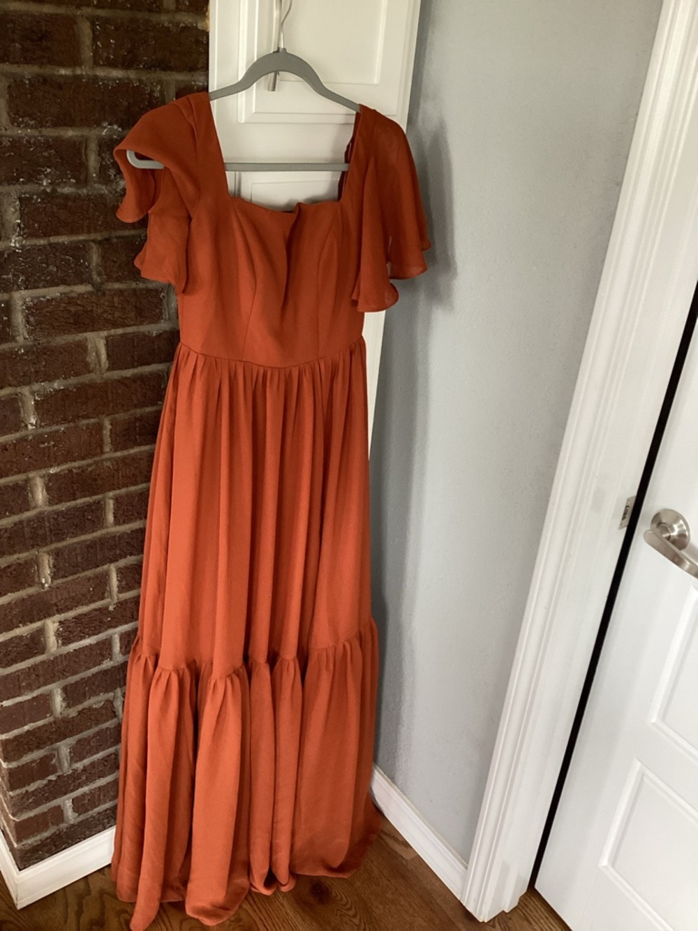 Azazie burnt Orange Flutter Sleeve Tiered Maxi Dress with corset